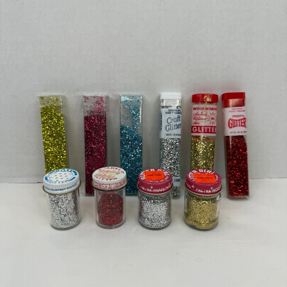 Vintage Craft Glitter Lot Pactra Woolworth Glass Jars Tubes Gold Silver Red 10pc